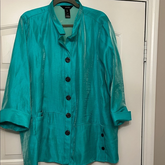 Ali Miles Iridescent Shimmer Teal Button-Down Tunic-Size 1X - Picture 1 of 7